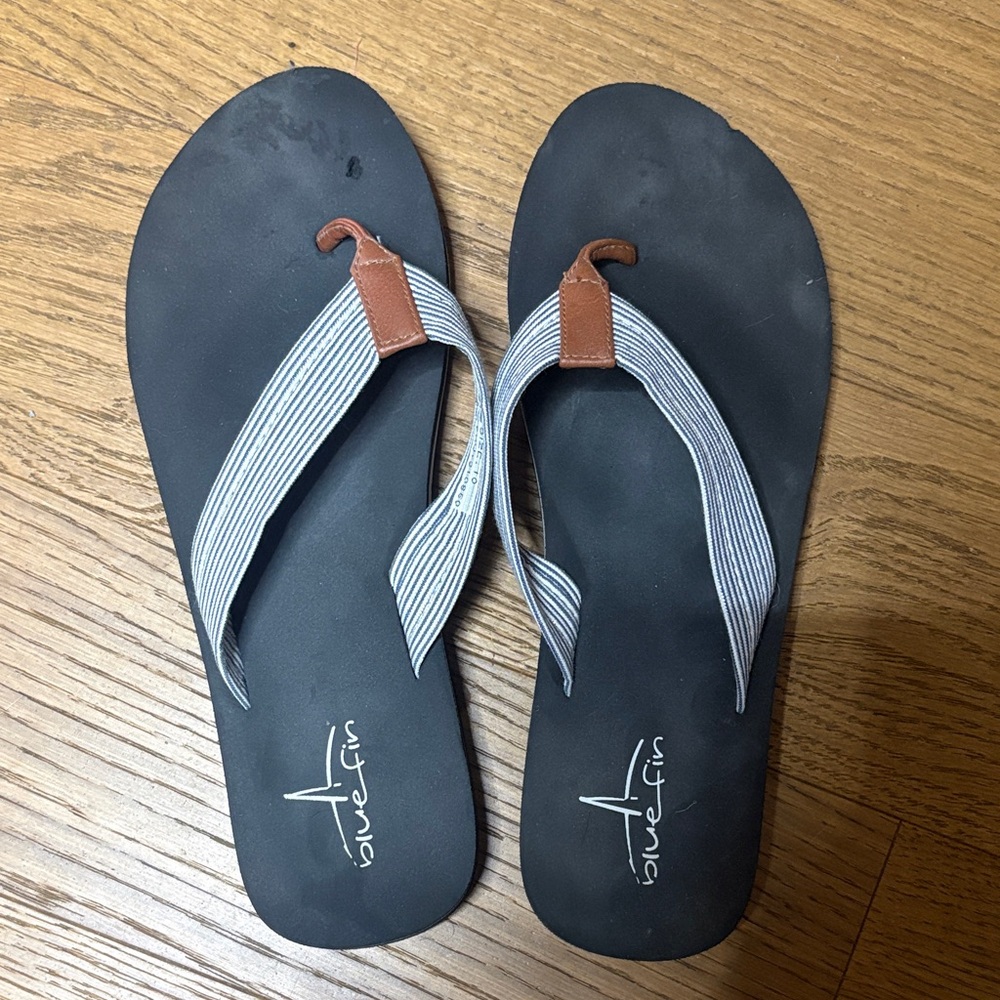 Women’s Blue Fin Black Flip Flop Sandals with Striped Fabric Straps